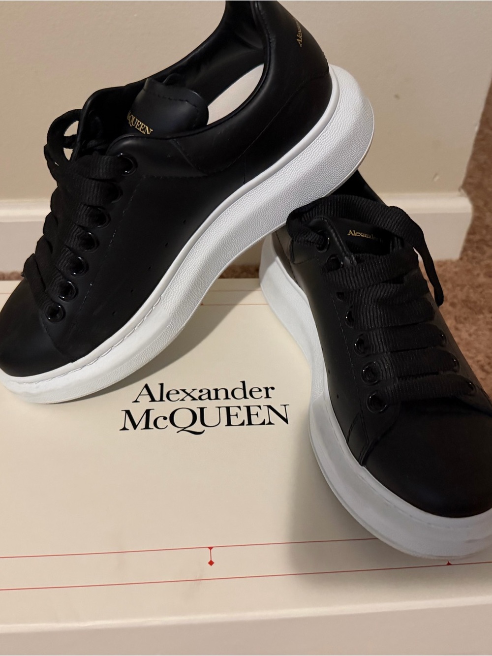 Alexander McQueen Black Leather Sneakers with White Platform Sole